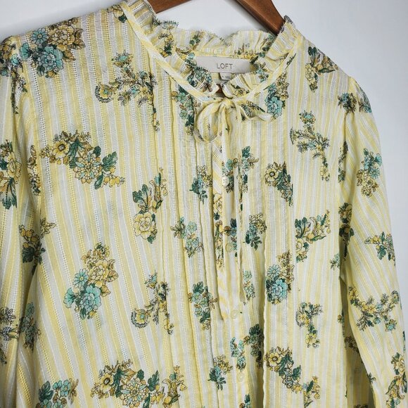 LOFT Womens Floral Blouse Size M Yellow Green Pintucked Tie Neck Cottage Core - Picture 2 of 9
